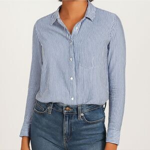 American Eagle Boyfriend Fit Blue and White Striped Long Sleeve Top - XS